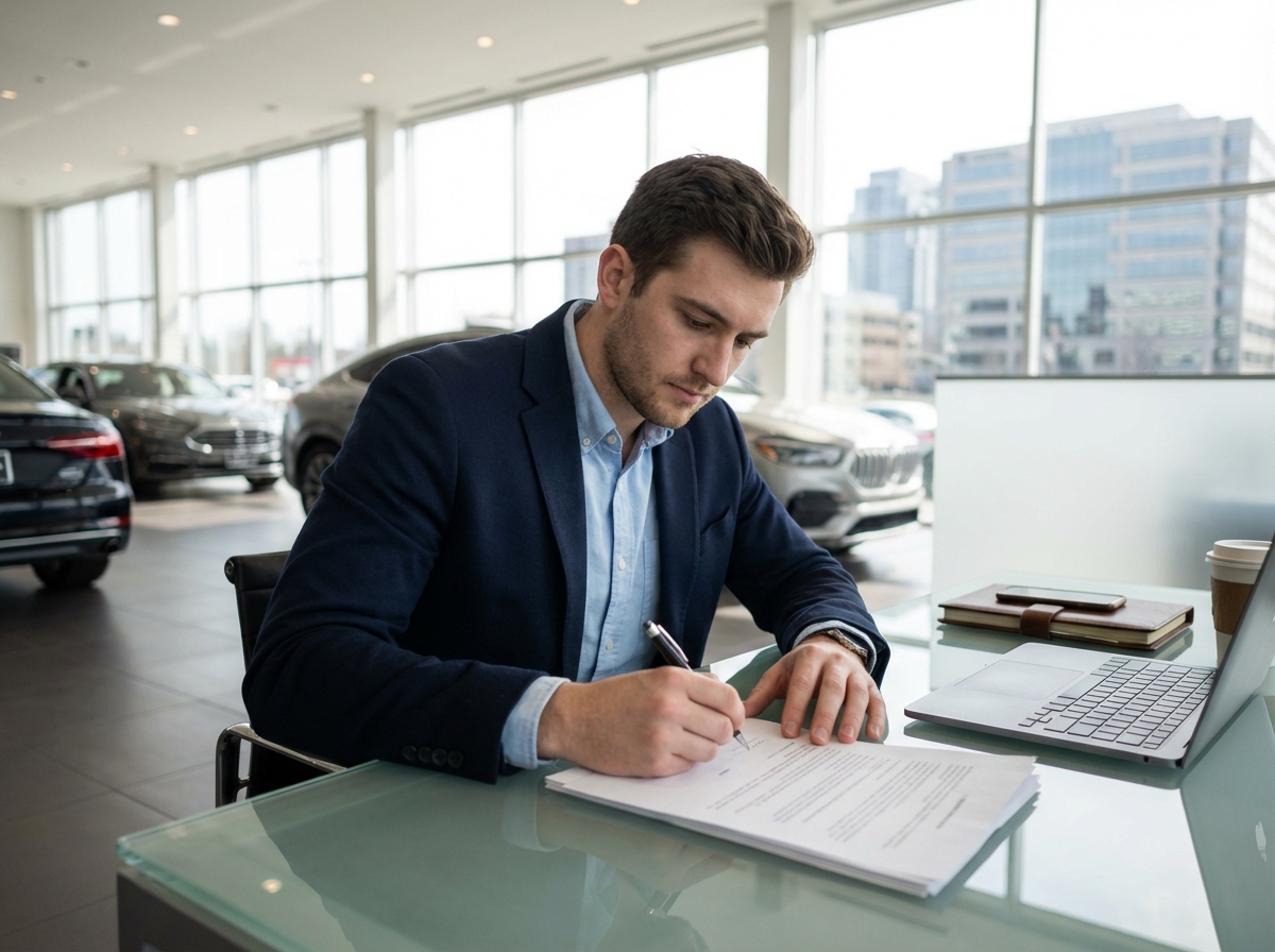 Jeune homme signant un contrat de financement auto