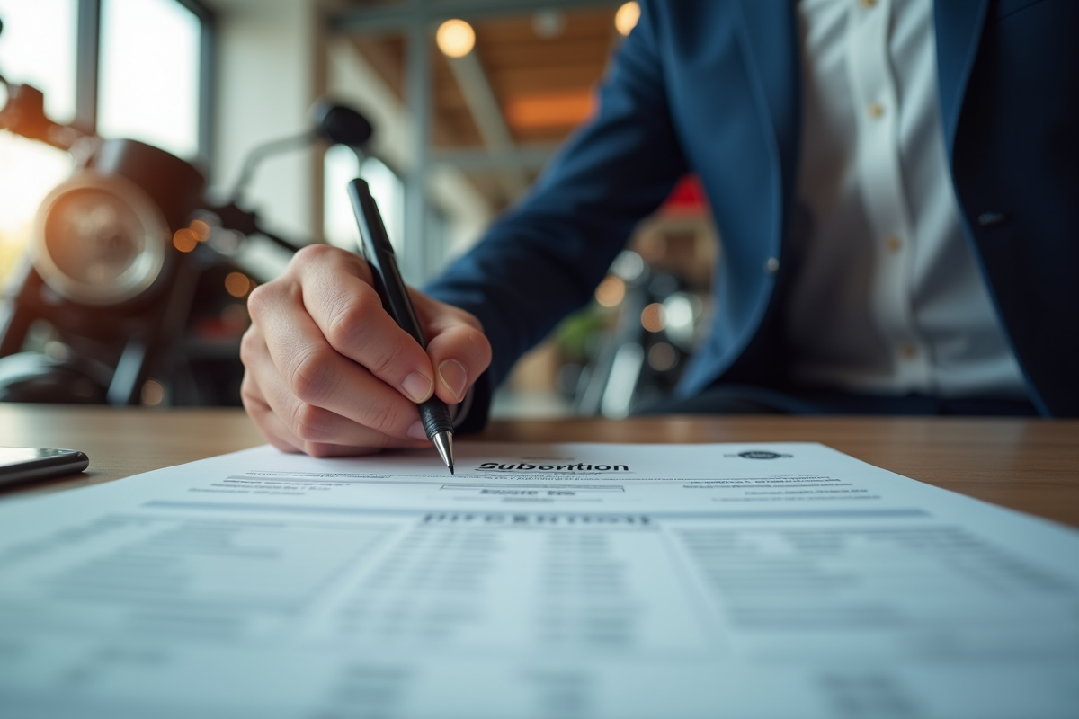 Main signant un formulaire de subvention pour moto