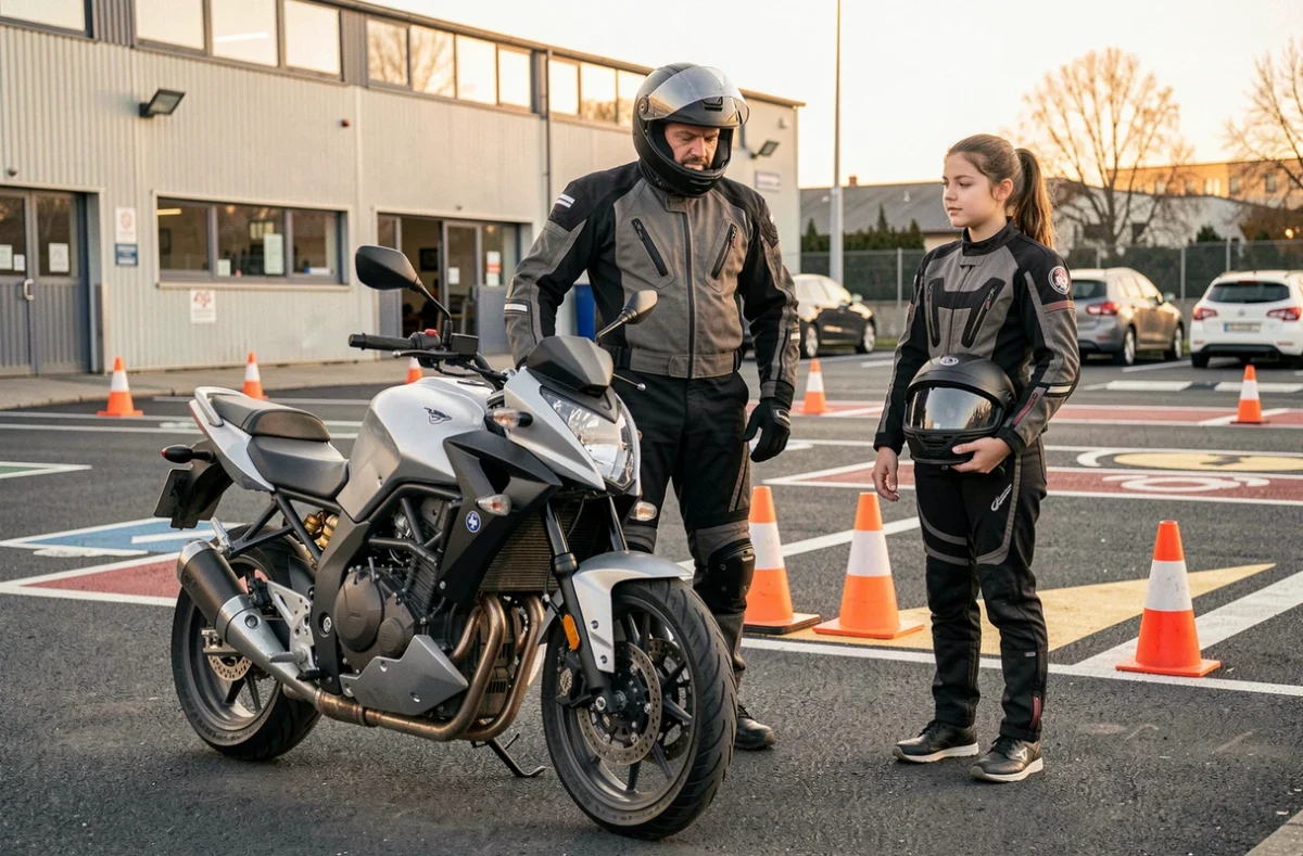 Moniteur et élève en formation moto de l'école Solid'aire Permis Auto Moto en Seine-Saint-Denis