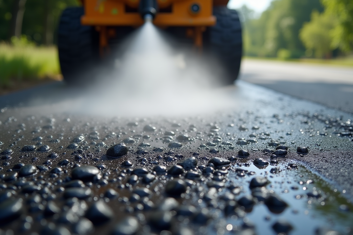 Gros plan de bitume frais pulvérisé sur gravier rural