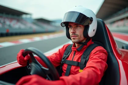 Pilote en combinaison rouge au volant d'une voiture de course sur circuit lors d'un stage de pilotage
