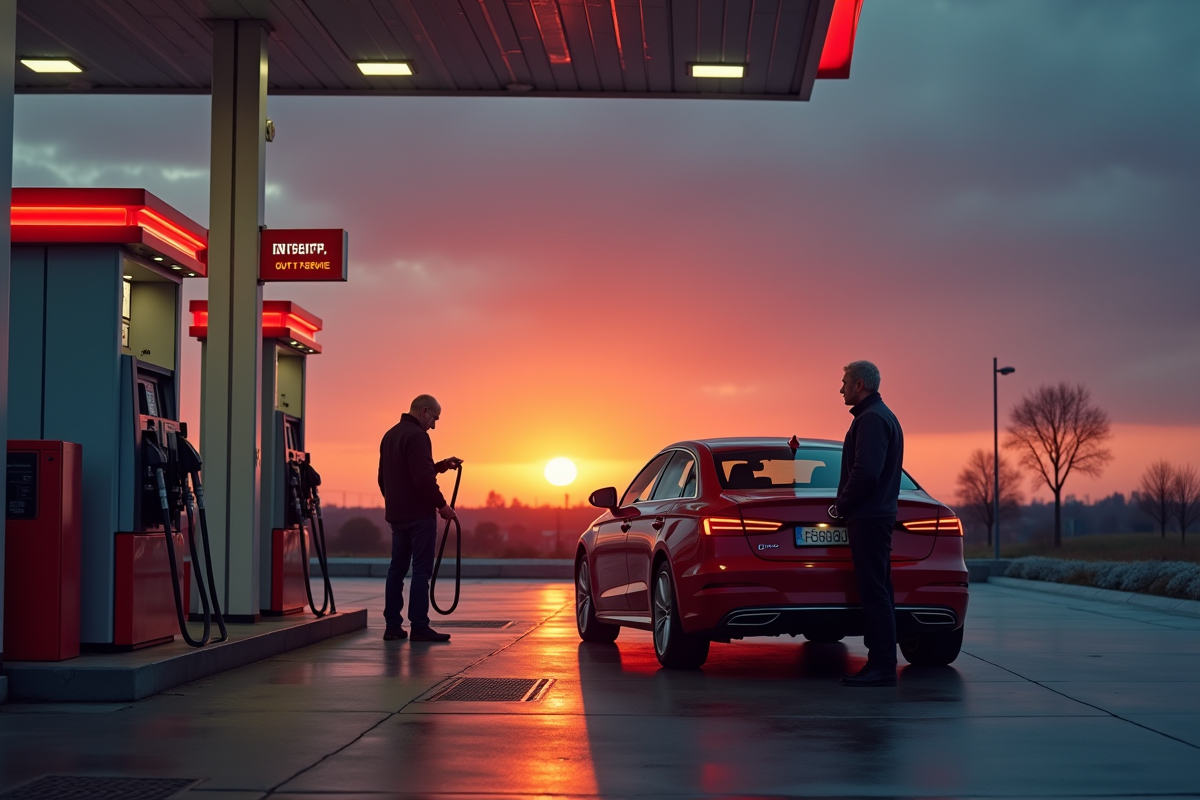 Station essence moderne au coucher de soleil avec un pompier diesel fermé