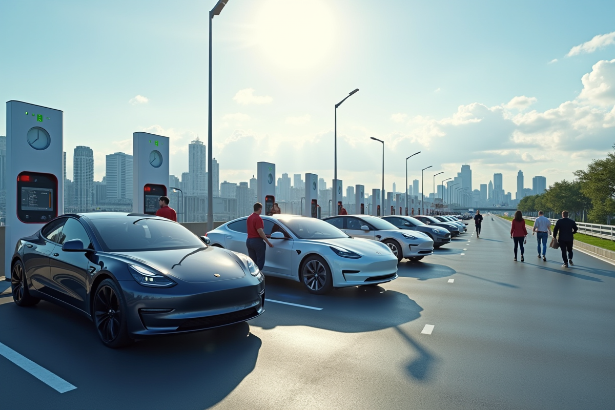 Voitures électriques en charge dans une station de recharge urbaine