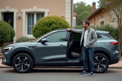 Homme debout à côté d'un SUV électrique 4x4 garé devant une maison résidentielle, illustrant l'usage quotidien d'un véhicule électrique tout-terrain