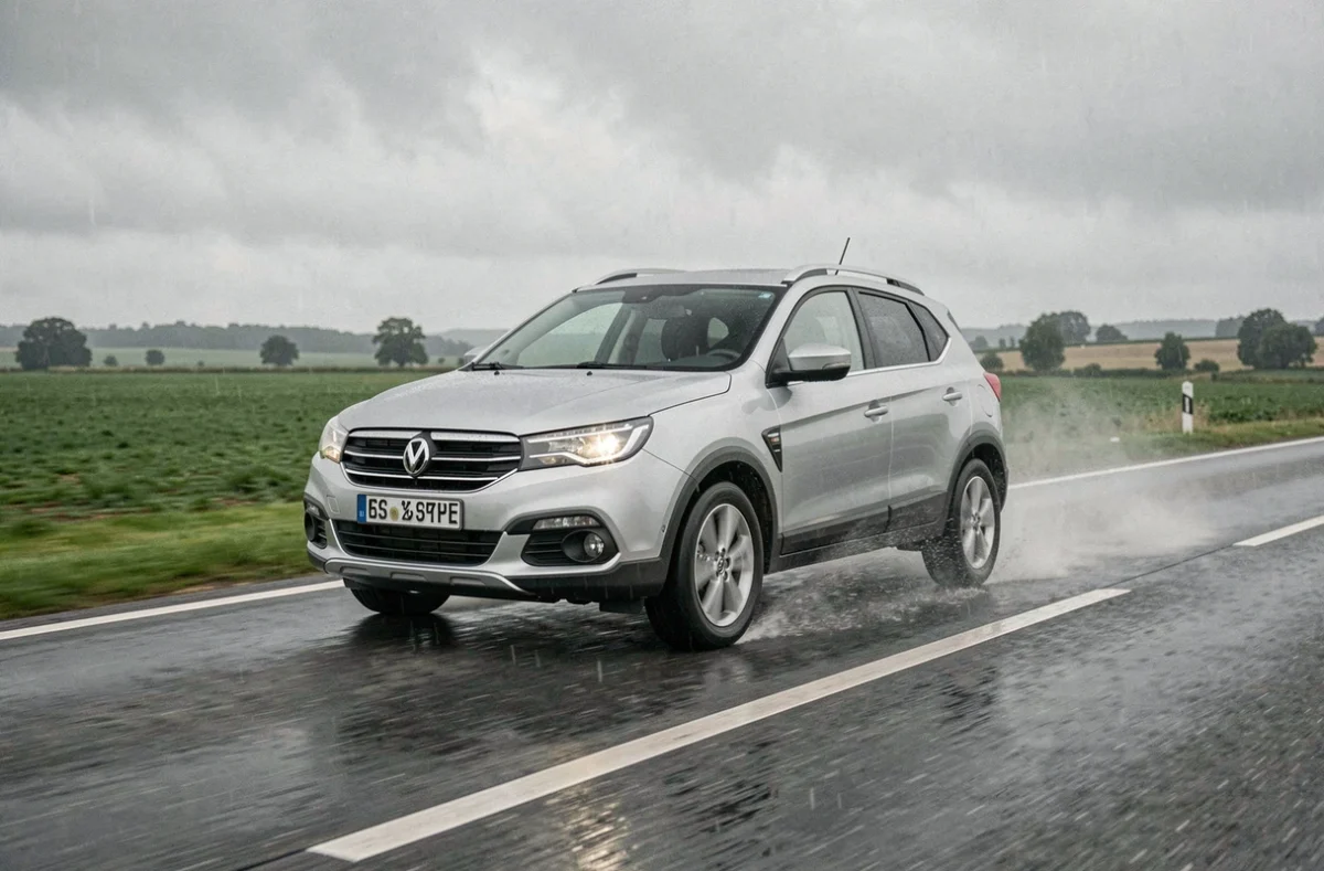SUV compact argenté roulant sur une route mouillée en France lors d'un test longue distance de la boîte automatique EAT8