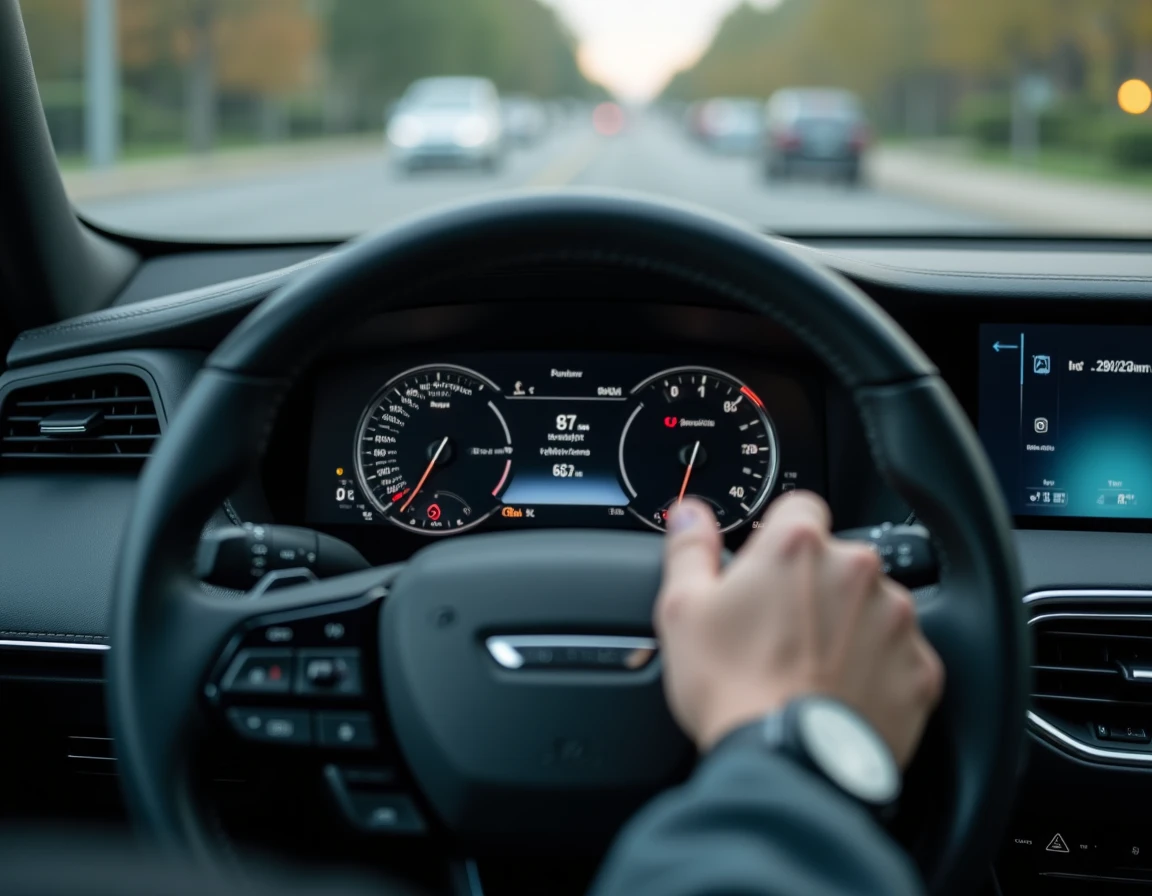 Tableau de bord d'une voiture moderne affichant la puissance moteur en chevaux-vapeur et en kilowatts simultanément
