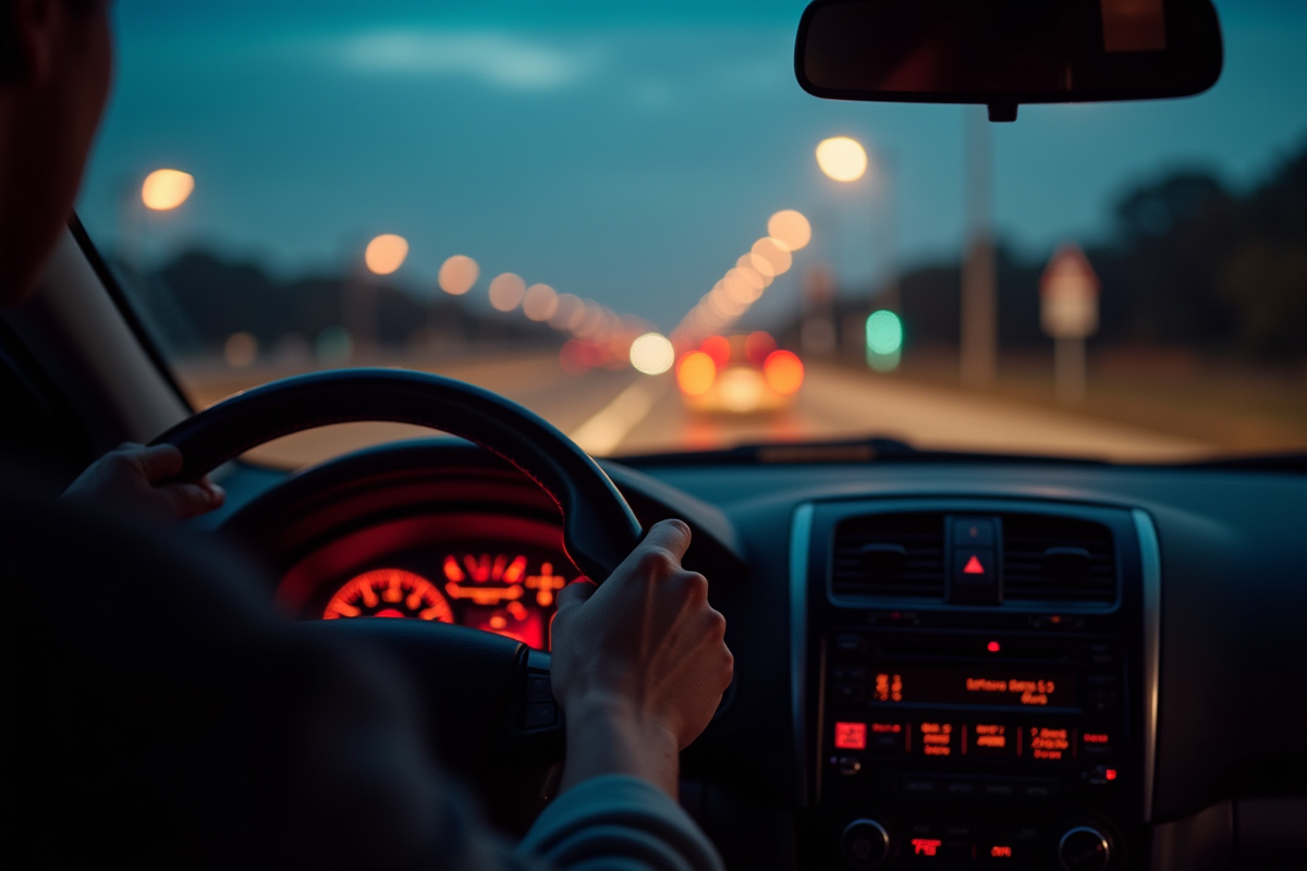 Intérieur de voiture au crépuscule avec main changeant entre feux