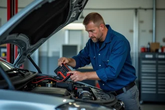Mécanicien automobile testant un module électronique sous le capot