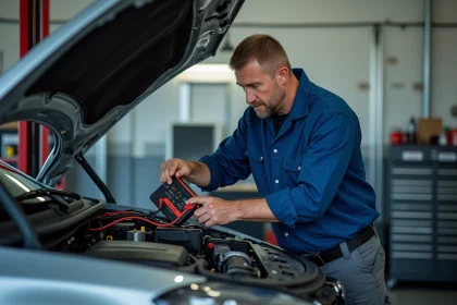 M&eacute;canicien automobile testant un module &eacute;lectronique sous le capot