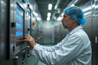 Technicien en blouse blanche et charlotte contrôle un panneau dans une usine alimentaire