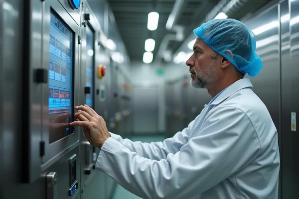 Technicien en blouse blanche et charlotte contrôle un panneau dans une usine alimentaire