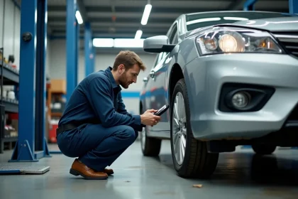 Technicien automobile effectuant un contrôle technique sous un véhicule dans un garage professionnel agréé