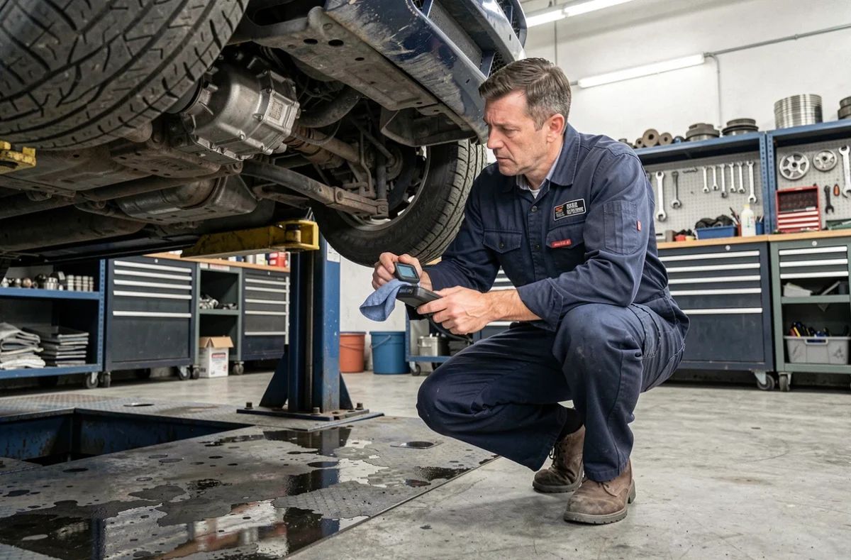 Technicien automobile inspectant une boîte automatique EAT8 sous un véhicule soulevé dans un garage professionnel