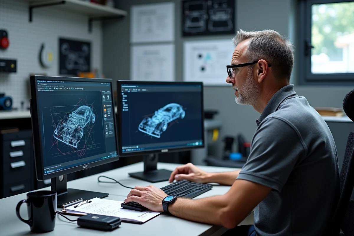 Technicien automobile consultant un logiciel de reprogrammation moteur pour la gestion d'un filtre FAP sur ordinateur