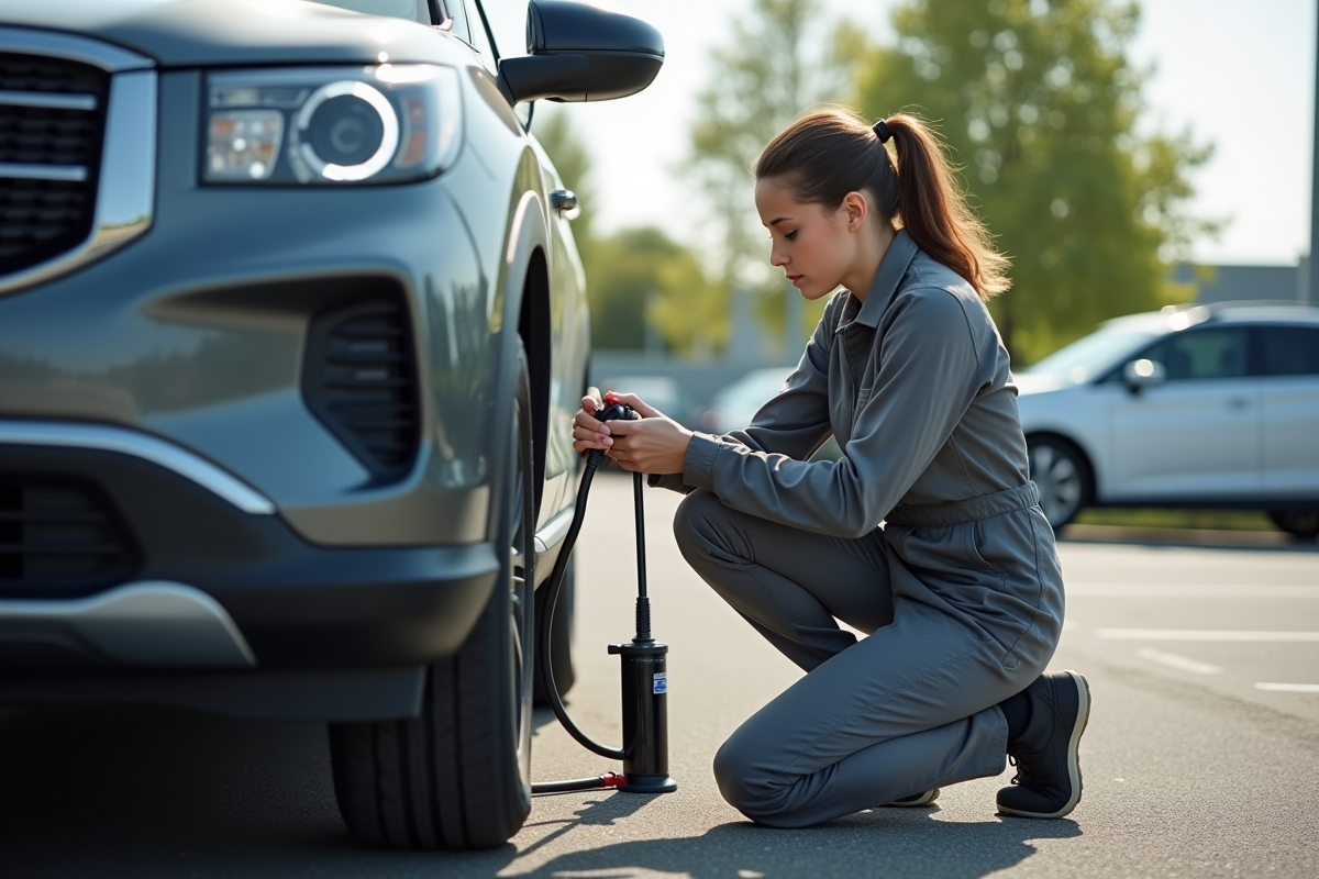 Technicienne inspectant et ajustant la pression des pneus d
