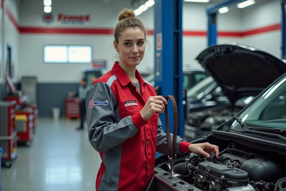 Technicienne de centre auto tenant une courroie de distribution après dépose sur un moteur moderne