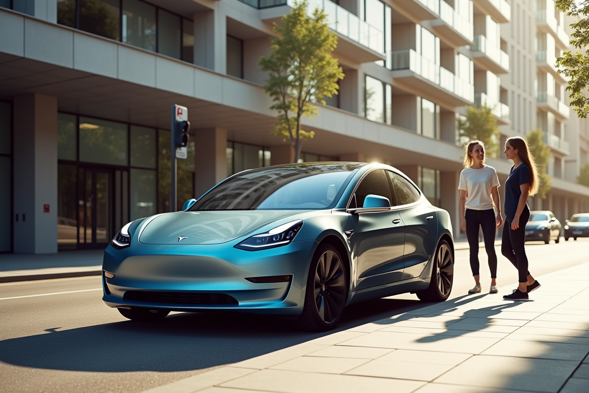 Tesla Model 3 garée en ville avec deux personnes discutant