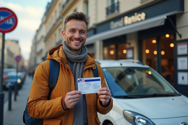 Touriste américain avec permis devant une agence de location à Paris
