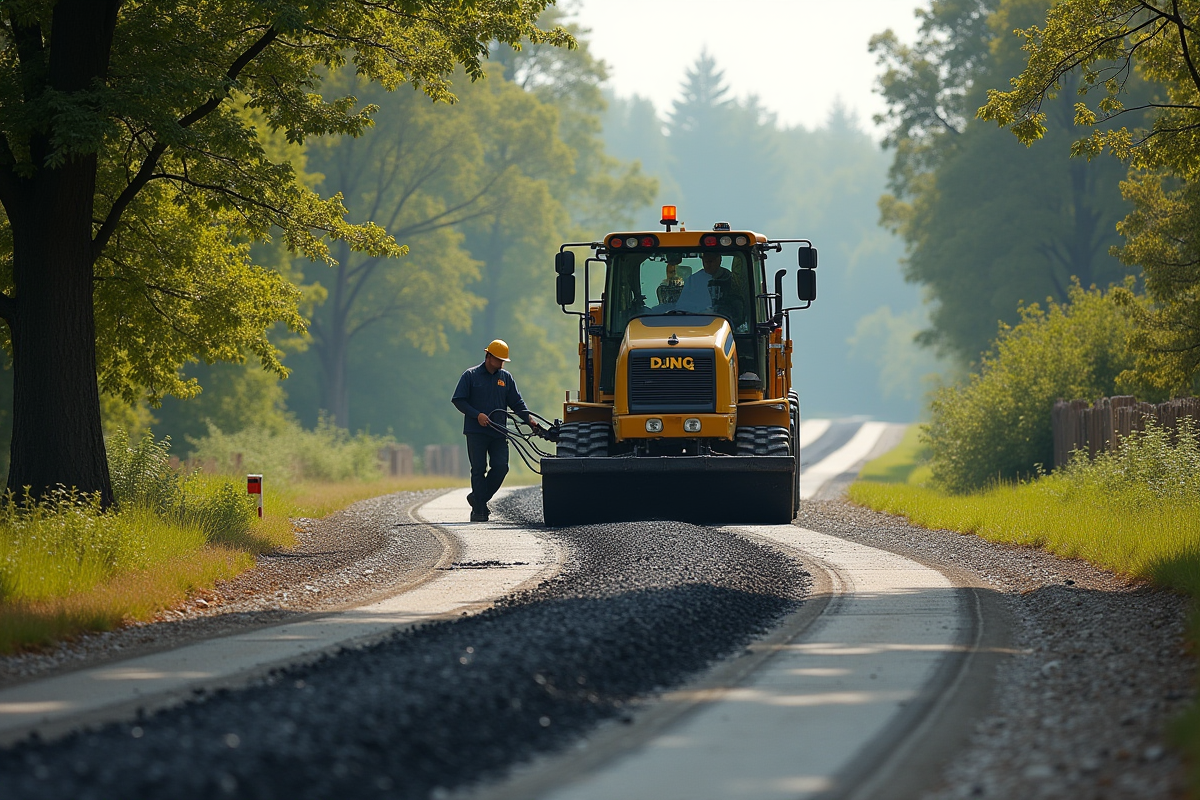 Ouvriers appliquant du bitume sur une route de campagne