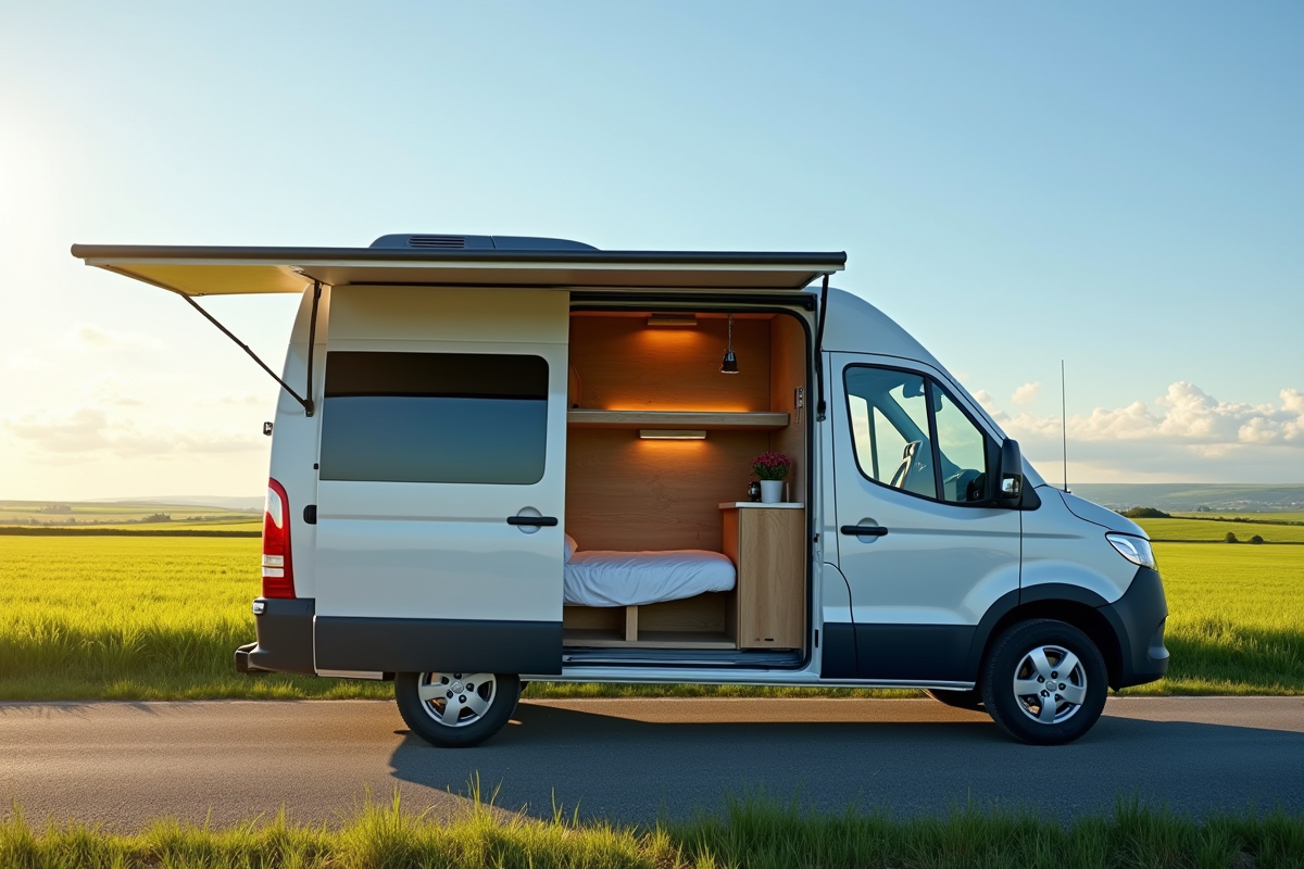 Petit van de camping dans la campagne avec intérieur compact