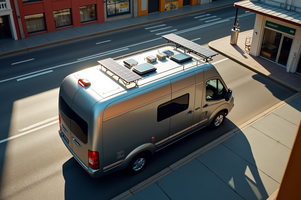 Van moderne en ville avec panneaux solaires sur le toit