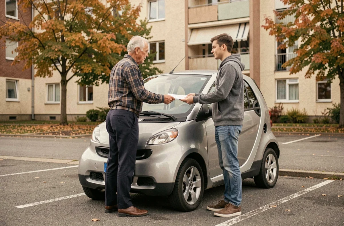 Un vendeur remet des documents à un acheteur lors de la vente d'une voiture sans permis entre particuliers dans un parking