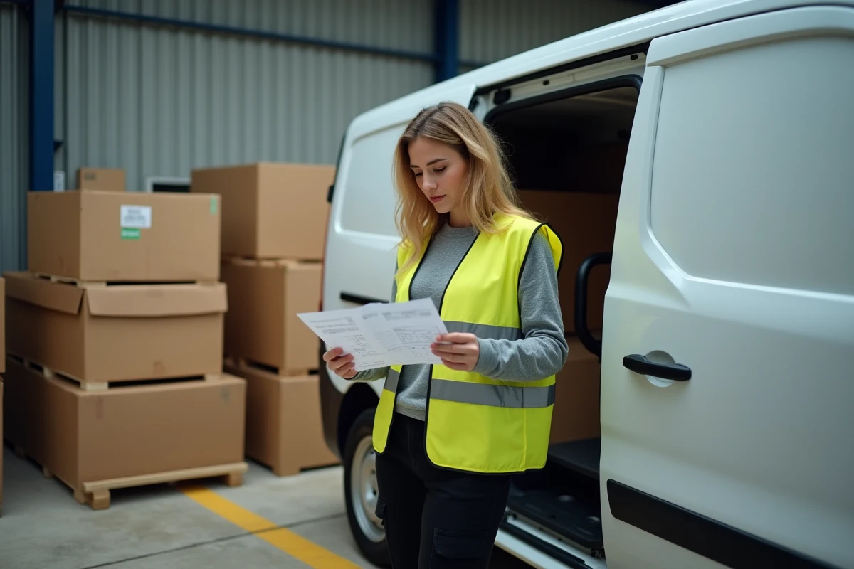 Coordinatrice logistique vérifiant la compatibilité du matériel avec les dimensions du fourgon Trafic L1H1 dans un quai de chargement