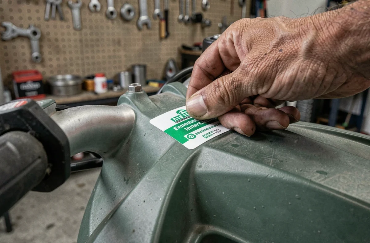 Gros plan sur une vignette d'assurance collée sur le guidon d'un quad en atelier