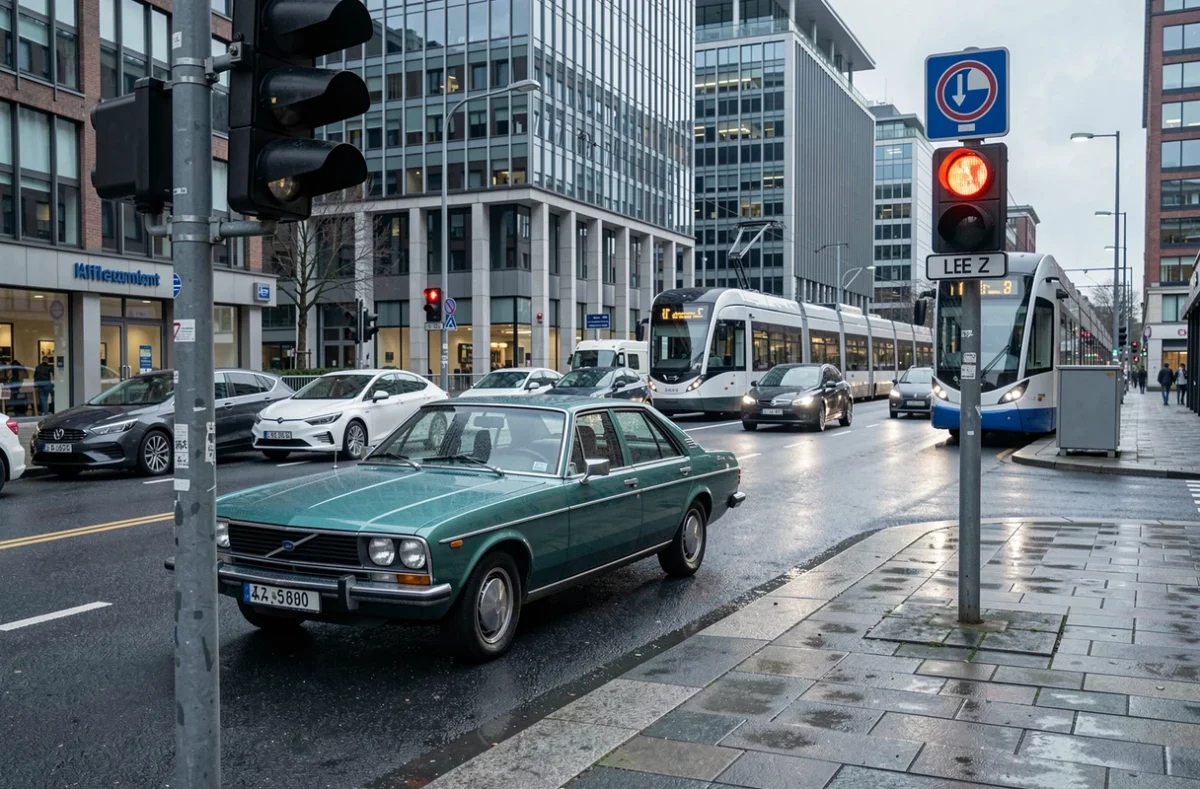 Voiture ancienne des années 1980 arrêtée à un feu rouge à Bruxelles aux côtés de véhicules modernes sous une caméra de contrôle de la zone basses émissions