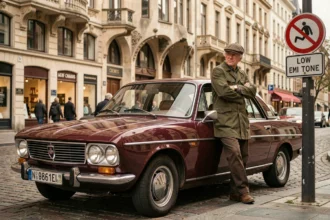 Voiture ancienne des années 1970 garée devant une zone à basses émissions à Bruxelles, propriétaire pensif appuyé contre la portière