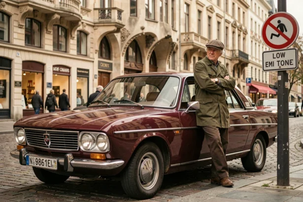 Voiture ancienne des années 1970 garée devant une zone à basses émissions à Bruxelles, propriétaire pensif appuyé contre la portière