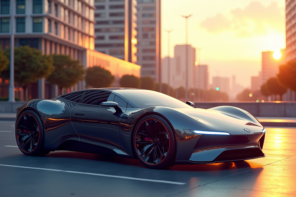 Voiture électrique futuriste dans une ville moderne au lever du soleil