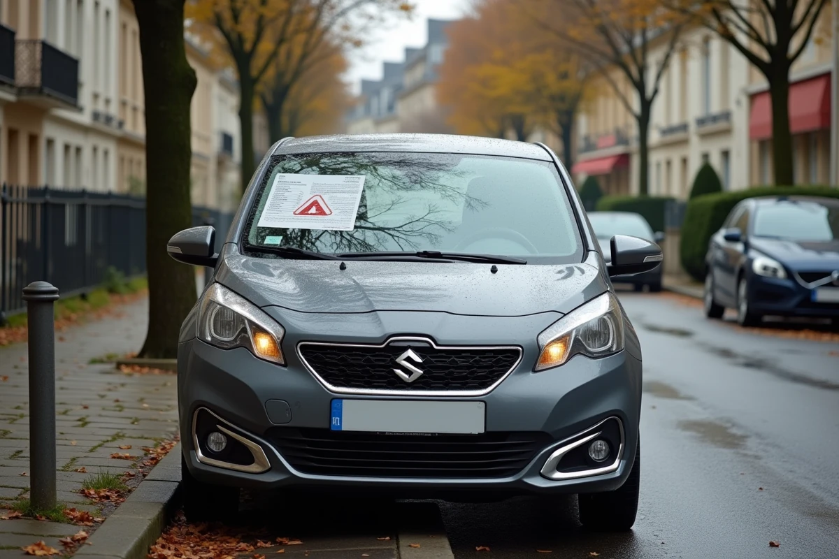 Voiture garée dans une rue française avec vignette de contrôle technique visible sur le pare-brise