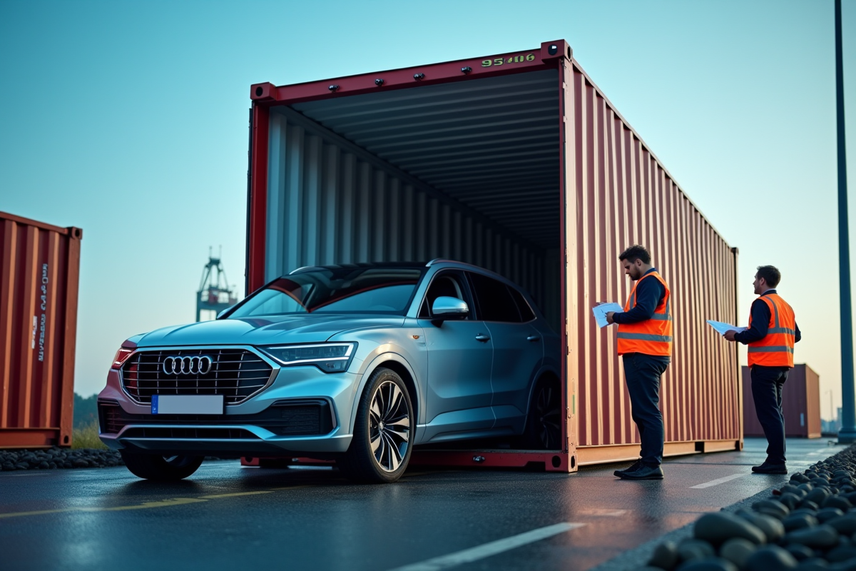 Voiture neuve déchargée d'un conteneur au port en France