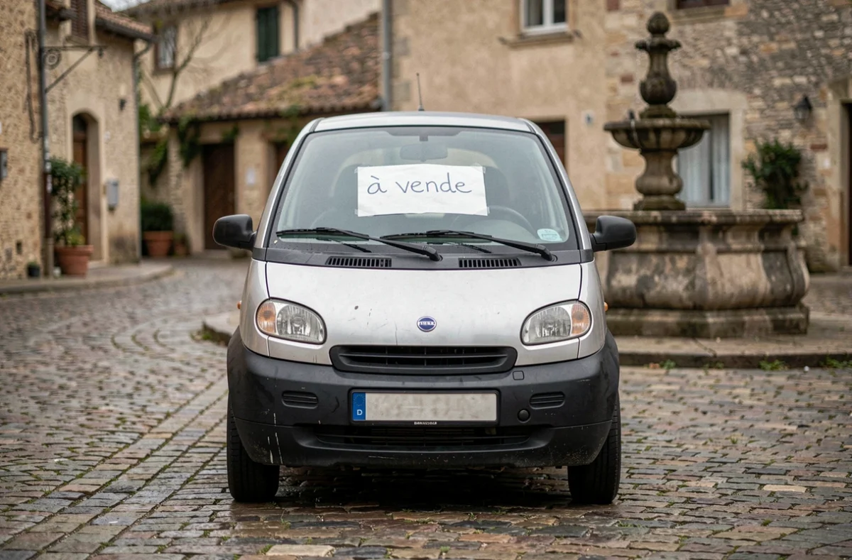 Petite voiture sans permis d'occasion avec panneau à vendre posé sur une place de village en France