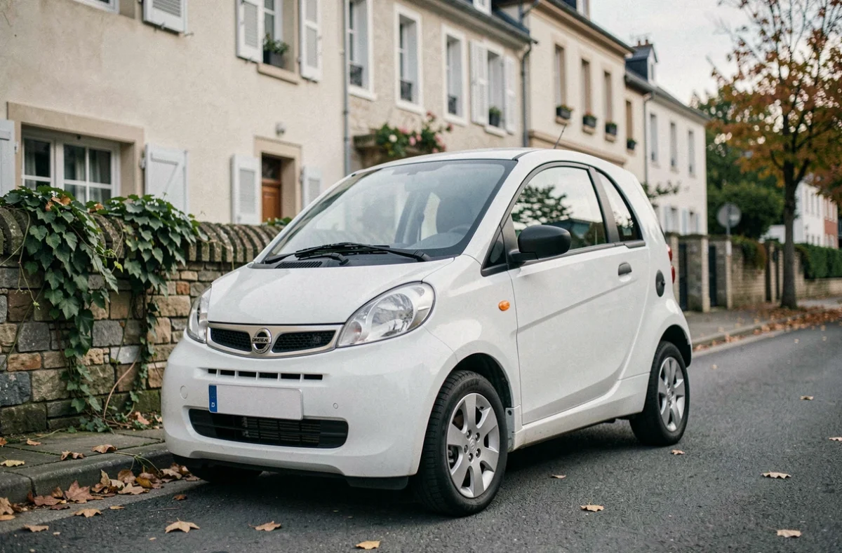 Petite voiture sans permis garée dans une rue résidentielle française en automne
