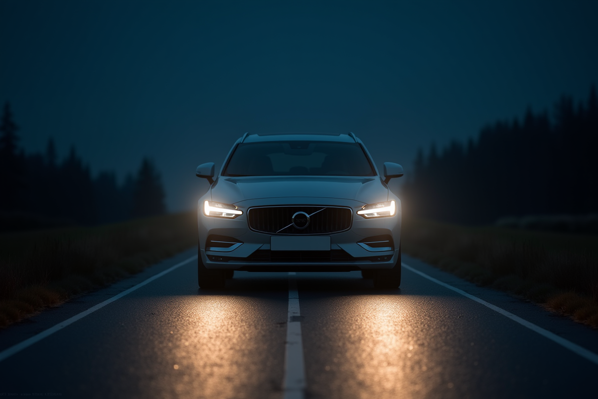 Voiture moderne de nuit sur une route rurale avec phares allumés
