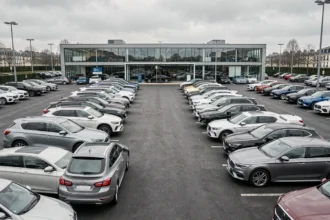 Vue large d'un parc de voitures d'occasion dans les Hauts-de-Seine avec showroom moderne en arrière-plan
