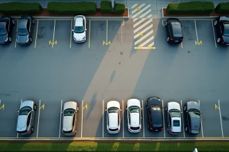 Vue aérienne d'un parking extérieur avec marquage au sol blanc délimitant des places de stationnement de dimensions variées