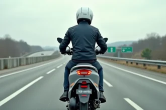 XMAX 125 en circulation sur autoroute européenne, vue arrière trois quarts en mouvement