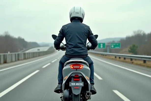 XMAX 125 en circulation sur autoroute européenne, vue arrière trois quarts en mouvement