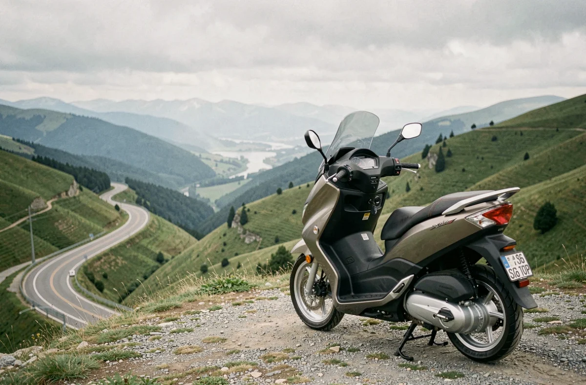 XMAX 125 garé à un belvédère avec vue sur route sinueuse de montagne, illustration autonomie et trajet