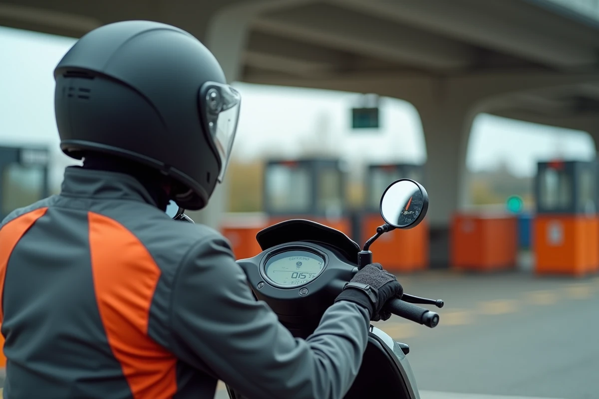 Conducteur de XMAX 125 consultant le compteur de vitesse à un péage autoroutier en France