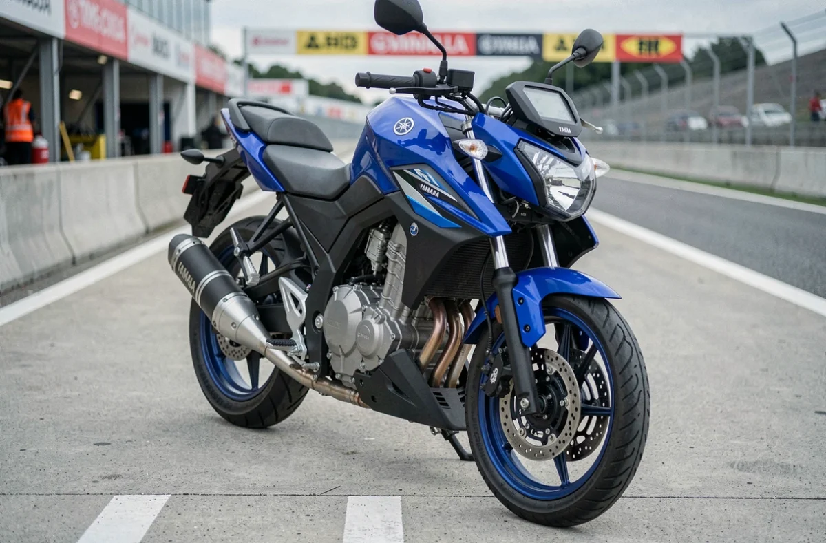 Yamaha MT-125 garée sur un circuit de course lors d'une journée piste, vue trois quarts avant