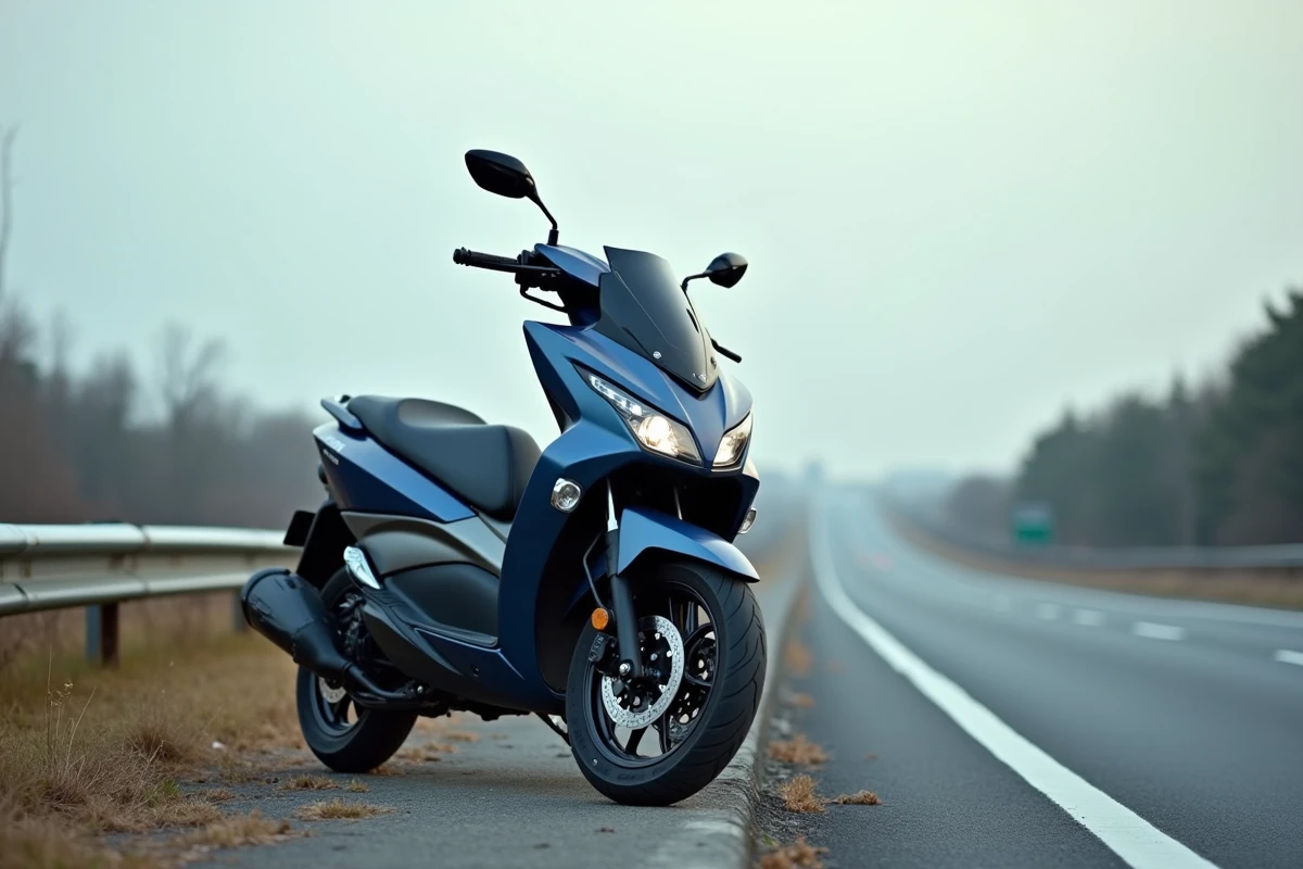 Yamaha XMAX 125 garé sur le bord d'une autoroute française, vue trois quarts avant statique