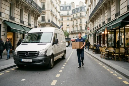 Livreur déchargeant un colis devant une zone de livraison signalée par des pointillés jaunes sur une rue parisienne