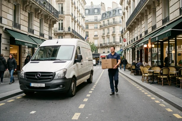Livreur déchargeant un colis devant une zone de livraison signalée par des pointillés jaunes sur une rue parisienne