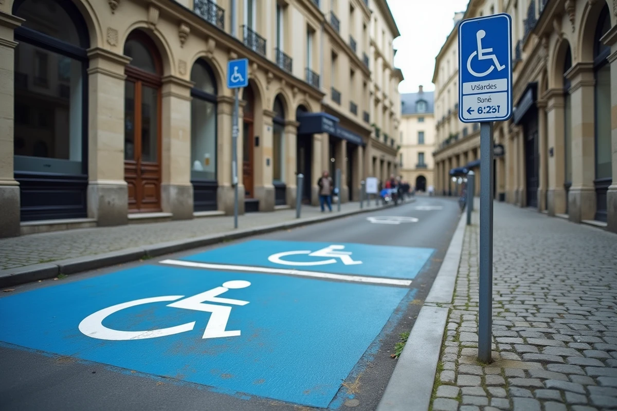 Zone de stationnement réservée aux personnes handicapées en centre-ville français avec panneau de signalisation bleu et marquage au sol